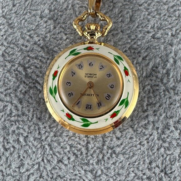 Villeruse 1960s Swiss Hand Wind Necklace Watch with Hand Painted Enameled Roses main image 8